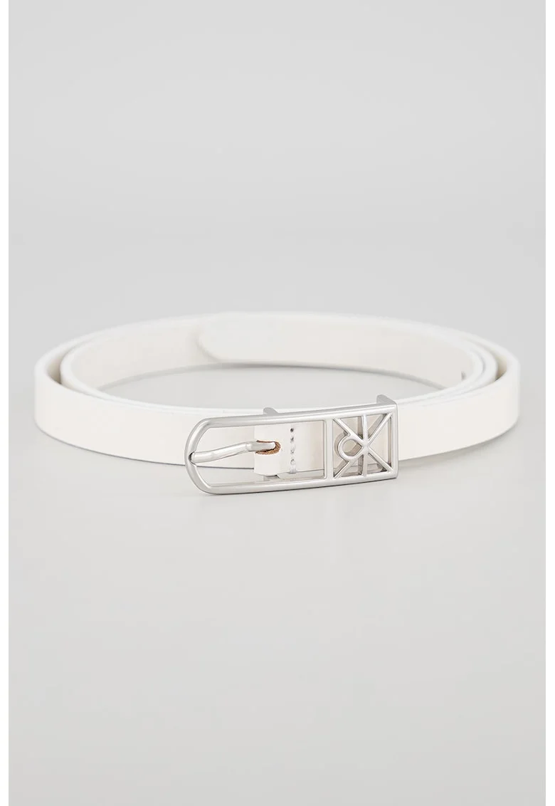 Curea skinny din piele cu catarama logo metalica, Alb murdar