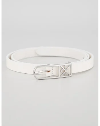 Curea skinny din piele cu catarama logo metalica, Alb murdar