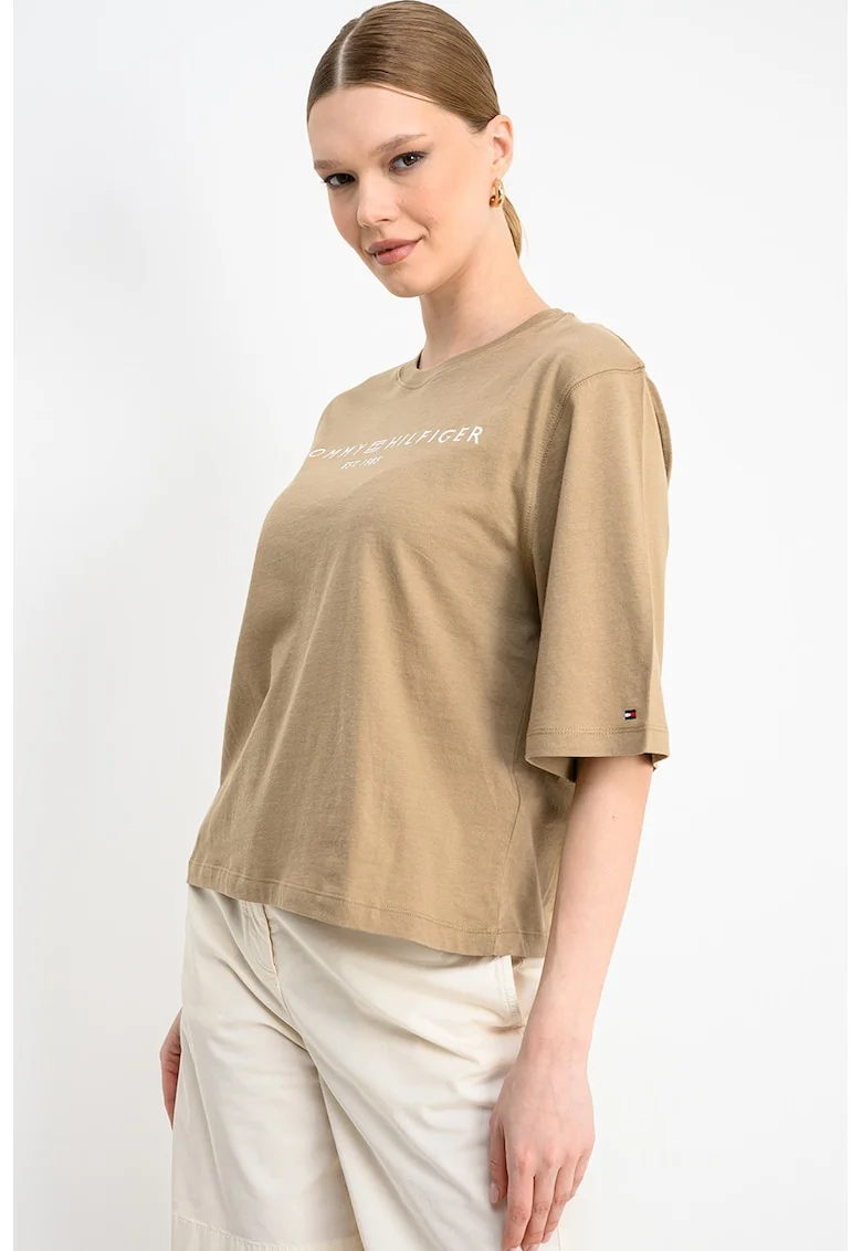 Tricou lejer cu imprimeu logo si maneci medii, Bej