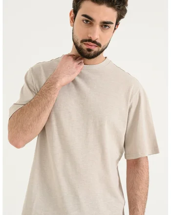 Tricou relaxed fit cu decolteu la baza gatului, Bej deschis