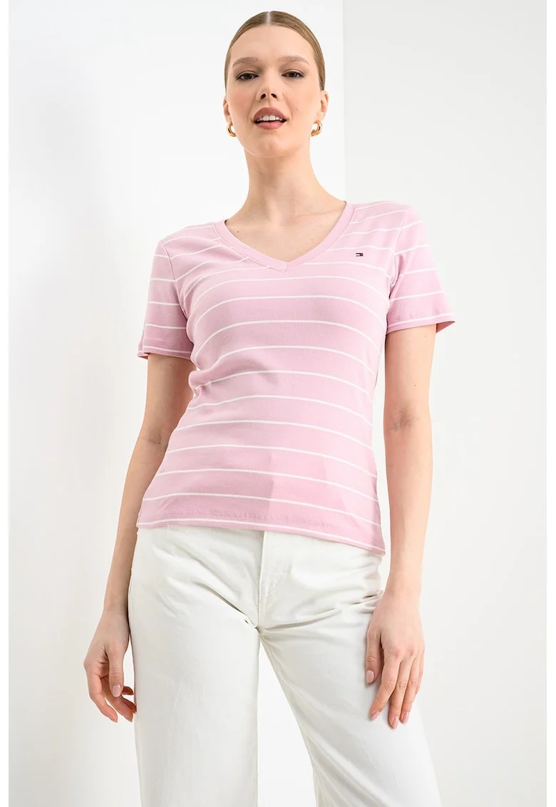 Tricou slim fit cu decolteu in V Cody, Roz deschis