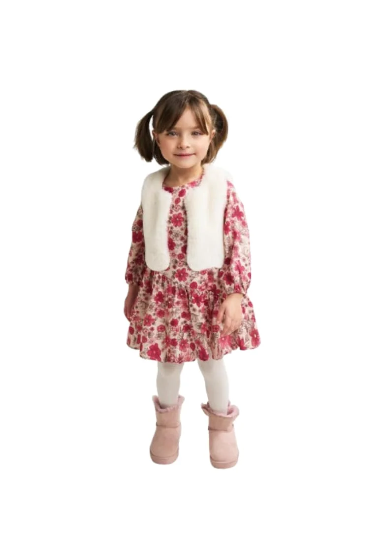Rochie fete  cu imprimeu floral si vesta pufoasa, Roz, Crem