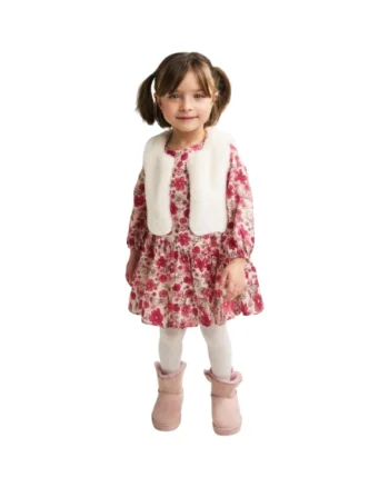 Rochie fete  cu imprimeu floral si vesta pufoasa, Roz, Crem