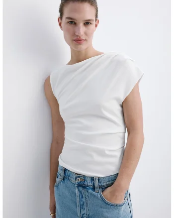 Bluza din amestec de bumbac si modal cu maneci asimetrice, Alb
