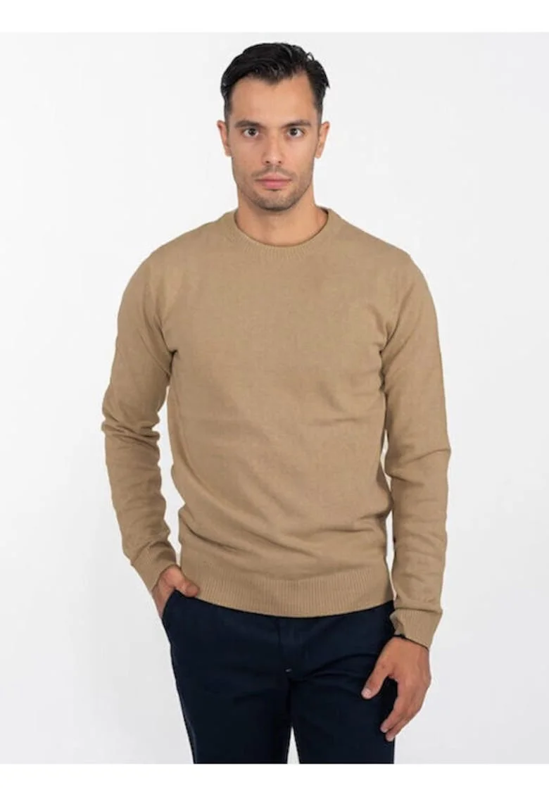 Pulover Barbati,  Dustin, Regular Fit, Decolteu Rotund, Mdwqfaneci Lungi, Bumbac, Bej, Bej
