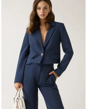 Sacou crop cu model uni si buzunare cu clapa, Bleumarin