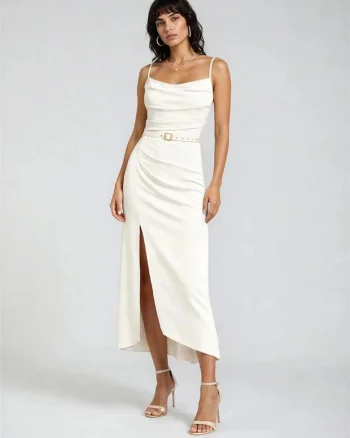 Rochie cocktail midi din lyocell cu drapaje Hecate, Alb,