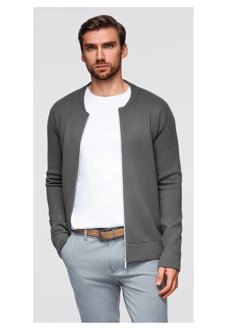 Cardigan tricotat fin cu fermoar, Gri grafit