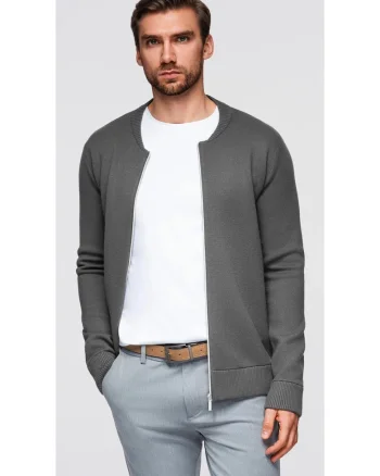 Cardigan tricotat fin cu fermoar, Gri grafit