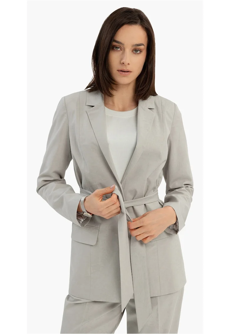 Sacou dama fara indichere, cu curea in talie, regular fit, buzunare cu clapa,  JB-Brunta, gri deschis, Gri deschis