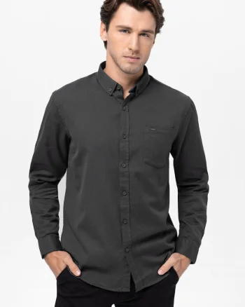 Camasa din bumbac cu maneci lungi, Regular Fit, guler fixat cu nasturi,  K-Bentu, grafit, Gri grafit
