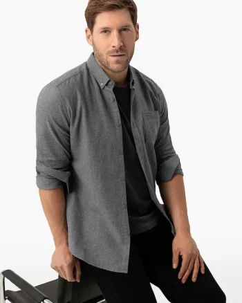 Camasa barbati din bumbac, maneci lungi, slim fit, buzunar pe piept, guler fixat cu nasturi,  K-Belanos, gri melange, Gri melange
