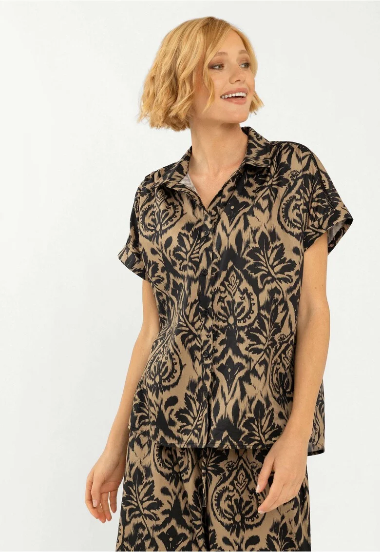 Bluza de dama cu model oriental  C-Safi, maneca scurta, din bumbac, Bej si negru, Bej negru/Multicolor