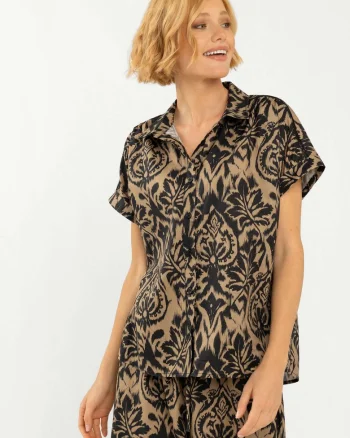 Bluza de dama cu model oriental  C-Safi, maneca scurta, din bumbac, Bej si negru, Bej negru/Multicolor