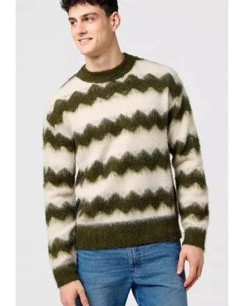 Pulover barbati,  model cu dungi, fermoar, verde, acrilic cu adaos de lana