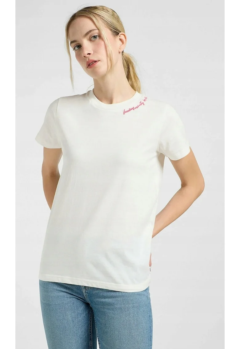 Tricou dama  Little Embroidery, regular fit, alb cu broderie, 100% bumbac