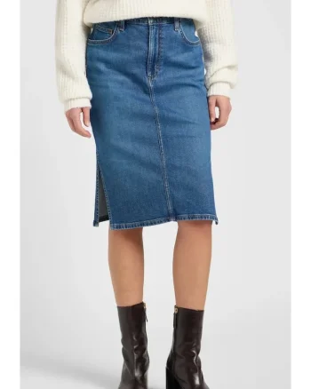 Fusta  slim, albastru inchis, denim elastic, cu crapaturi laterale