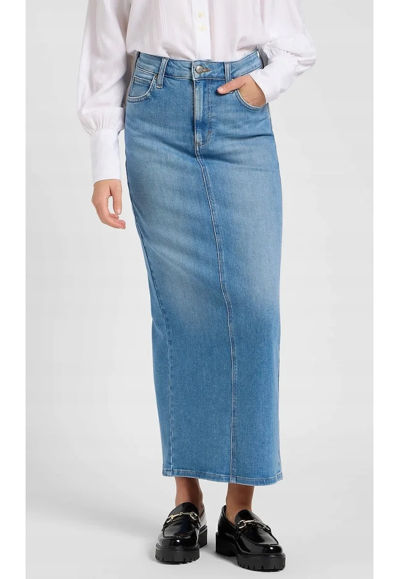 Fusta lunga  denim, albastru, fermoar, slit la spate