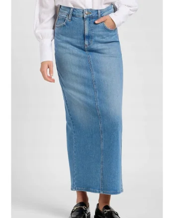 Fusta lunga  denim, albastru, fermoar, slit la spate