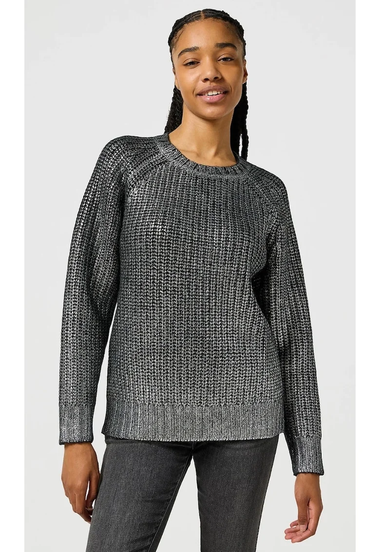 Pulover dama  Foiled, argintiu-negru, croi larg, maneci raglan, amestec moale de poliester, acril si lana
