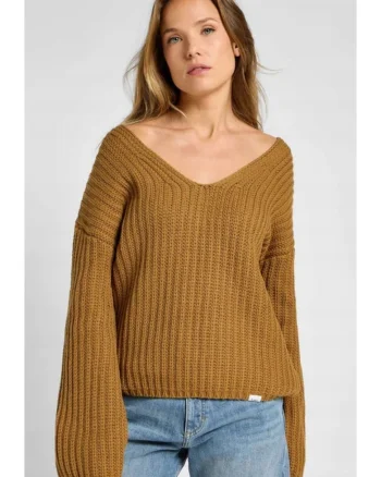 Pulover dama  Kimono Sleeve Knit, bumbac, nuanta calda de maro - ocru, maneci lungi, croiala lejera