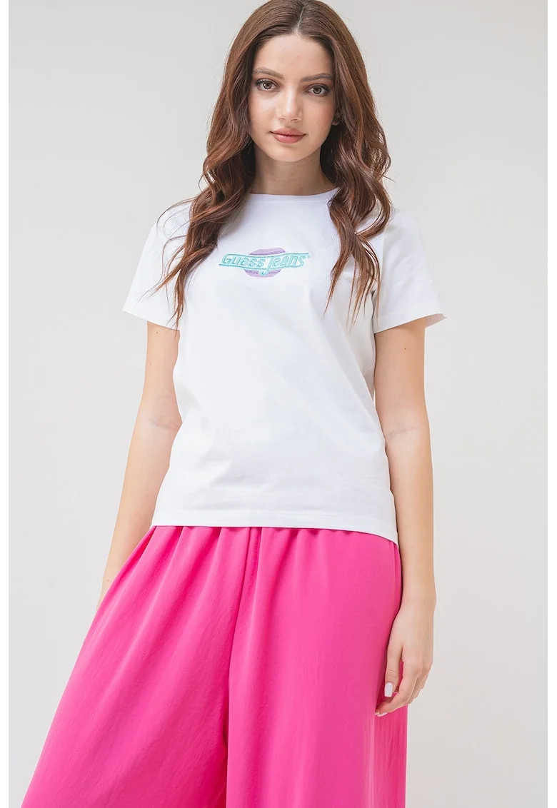 Tricou cu decolteu la baza gatului si broderie logo pe piept, Alb/Verde