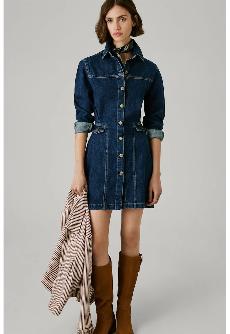 Rochie scurta din denim cu nasturi, Albastru inchis