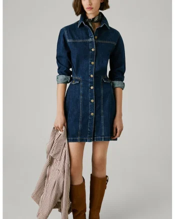 Rochie scurta din denim cu nasturi, Albastru inchis