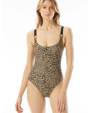 Costum de baie intreg cu animal print, Negru/Maro deschis