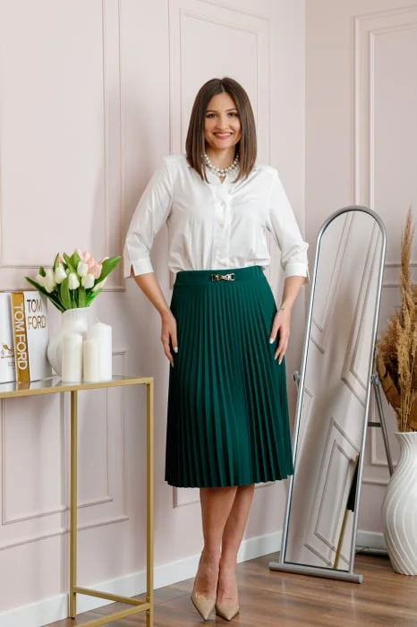 Fusta verde dama Brandy plisata midi cu talie elastica