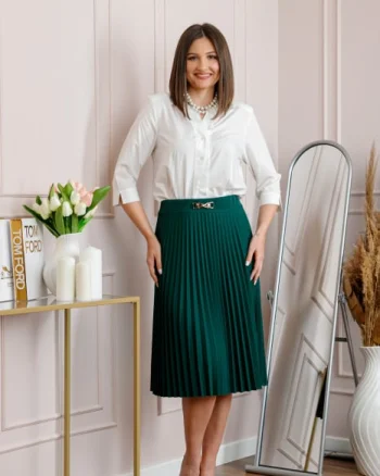 Fusta verde dama Brandy plisata midi cu talie elastica