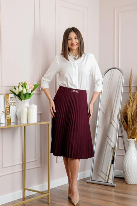Fusta grena dama Brandy plisata midi cu talie elastica