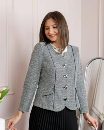 Sacou dama Audrey din material boucle gri cu nasturi decorativi