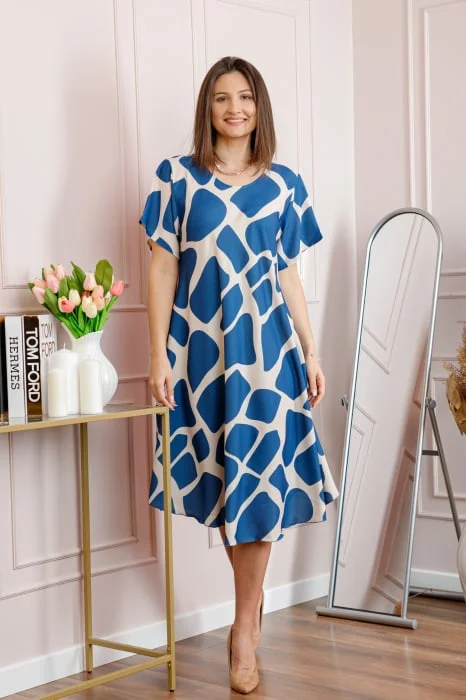 Rochie dama albastra plus size cu imprimeu abstract si croi lejer Jany