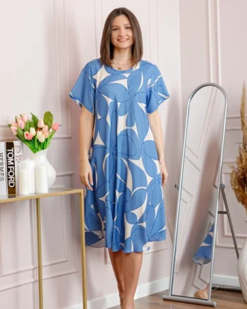 Rochie dama bleu plus size cu imprimeu floral si croi lejer Jany