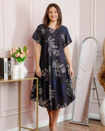 Rochie dama bleumarin plus size cu imprimeu floral si croi lejer Jany