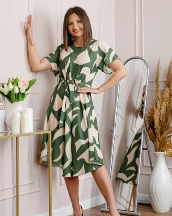 Rochie dama kaki Avery cu imprimeu abstract si cordon in talie