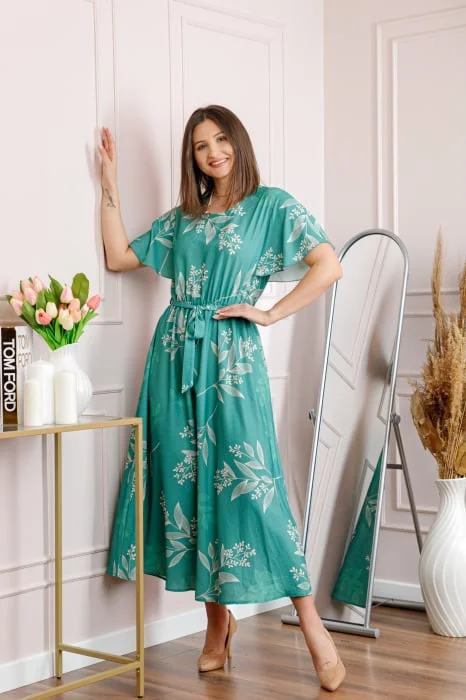Rochie dama turcoaz Artemis cu imprimeu floral si cordon in talie