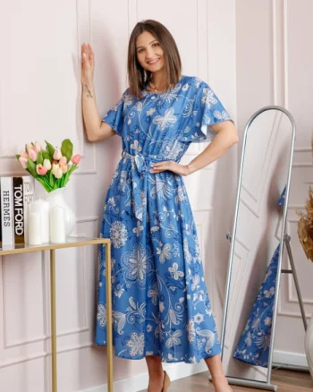 Rochie dama bleu Artemis cu imprimeu floral si cordon in talie