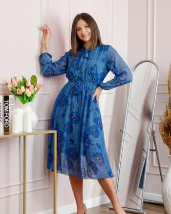 Rochie dama albastra Alessandra din voal cu imprimeu floral si cordon in talie