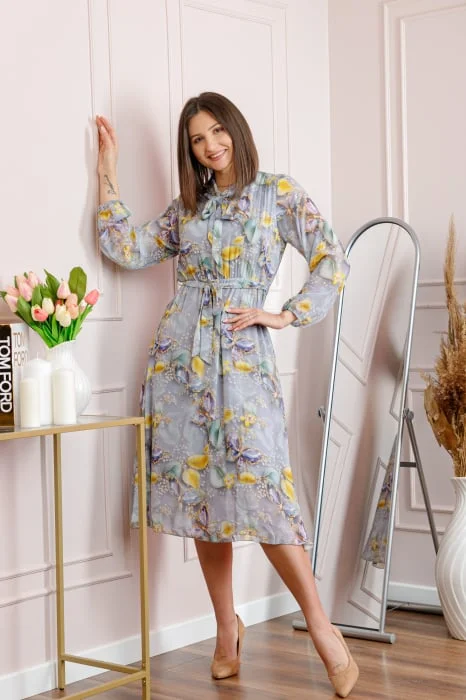 Rochie dama gri deschis Alessandra din voal cu imprimeu floral si cordon in talie