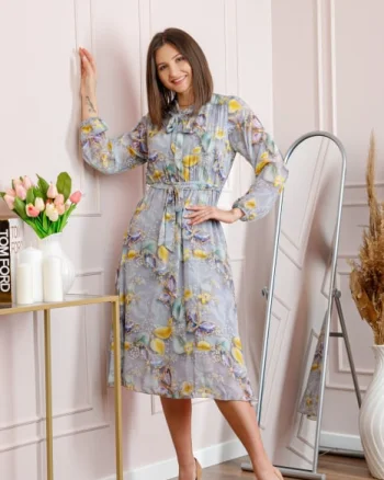 Rochie dama gri deschis Alessandra din voal cu imprimeu floral si cordon in talie