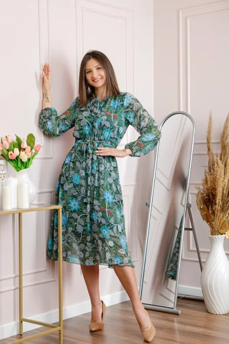 Rochie dama verde Alessandra din voal cu imprimeu floral si cordon in talie