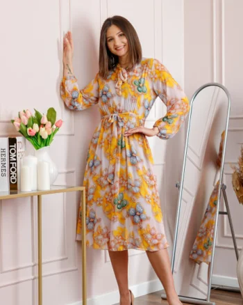 Rochie dama galbena Alessandra din voal cu imprimeu floral si cordon in talie