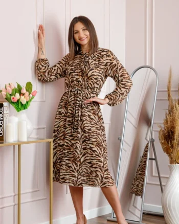 Rochie dama bej Alessandra din voal cu animal print si cordon in talie
