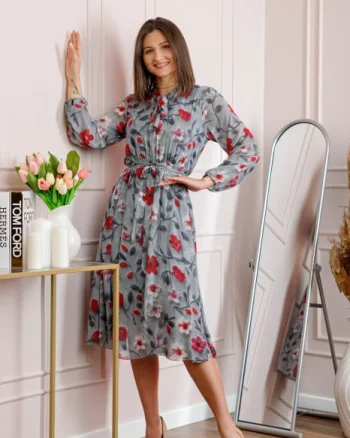 Rochie dama gri Alessandra din voal cu imprimeu floral si cordon in talie