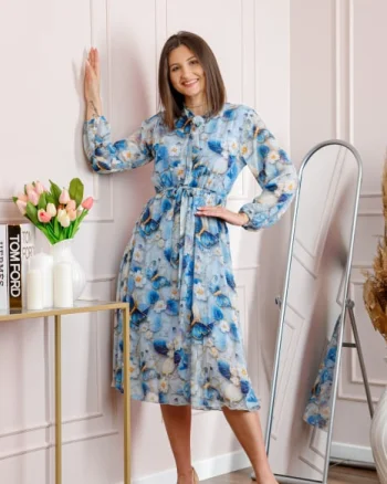 Rochie dama bleu Alessandra din voal cu imprimeu floral si cordon in talie