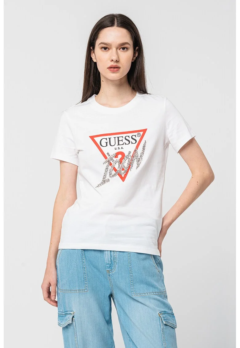 Tricou cu aplicatie logo cu strasuri, Rosu/Alb
