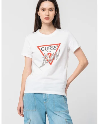 Tricou cu aplicatie logo cu strasuri, Rosu/Alb