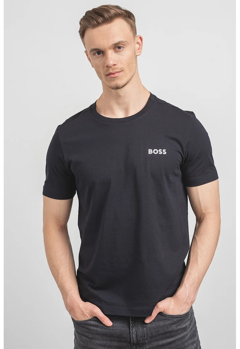 Tricou din bumbac cu decolteu rotund si logo discret, Albastru ultramarin